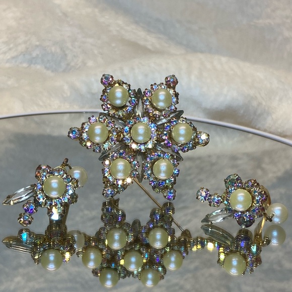 VINTAGE JULIANA D&E AB RHINESTONE FAUX PEARL STAR BROOCH PIN & EARRING SET #786 - Picture 9 of 16